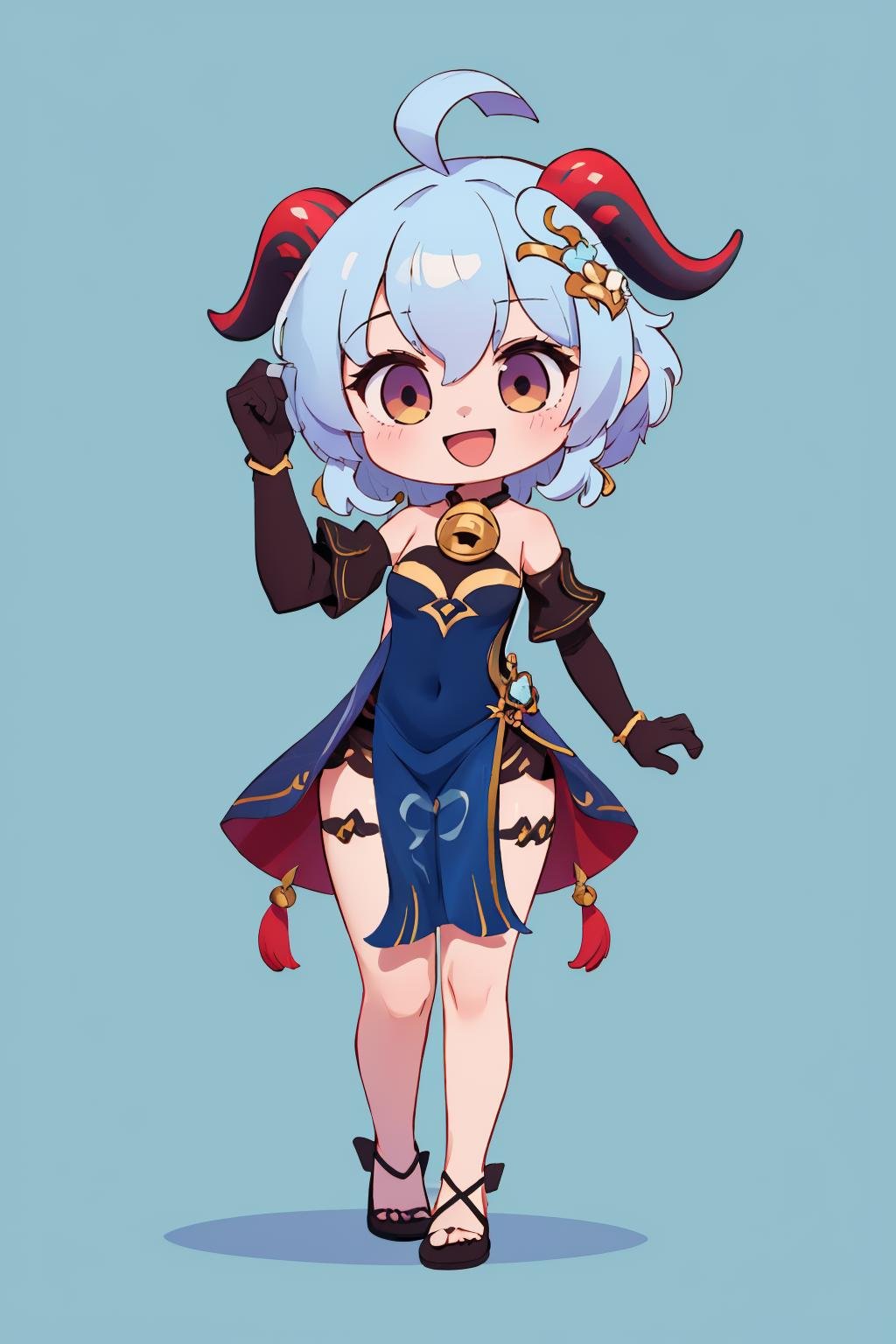 masterpiece, best quality, 1girl, solo, <lora:ganyutwilightblossom-gi-richy-v1:1> ganyutb, horns, ahoge, hair ornament, hair flower, neck bell, dress, detached sleeves, black gloves, full body, chibi, :d, standing, pelvic curtain