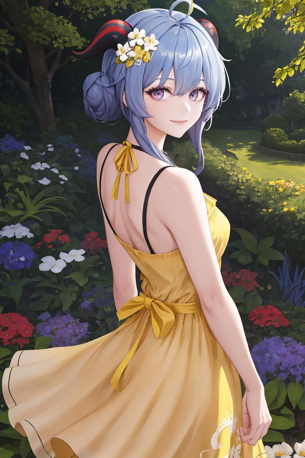 masterpiece, best quality, 1girl, solo, <lora:ganyutwilightblossom-gi-richy-v1:0.7> ganyutb, horns, ahoge, hair ornament, hair flower, neck bell, (yellow sundress:1.4), purple eyes, from behind, looking back, looking at viewer, smile, garden, dappled sunlight, hair bun