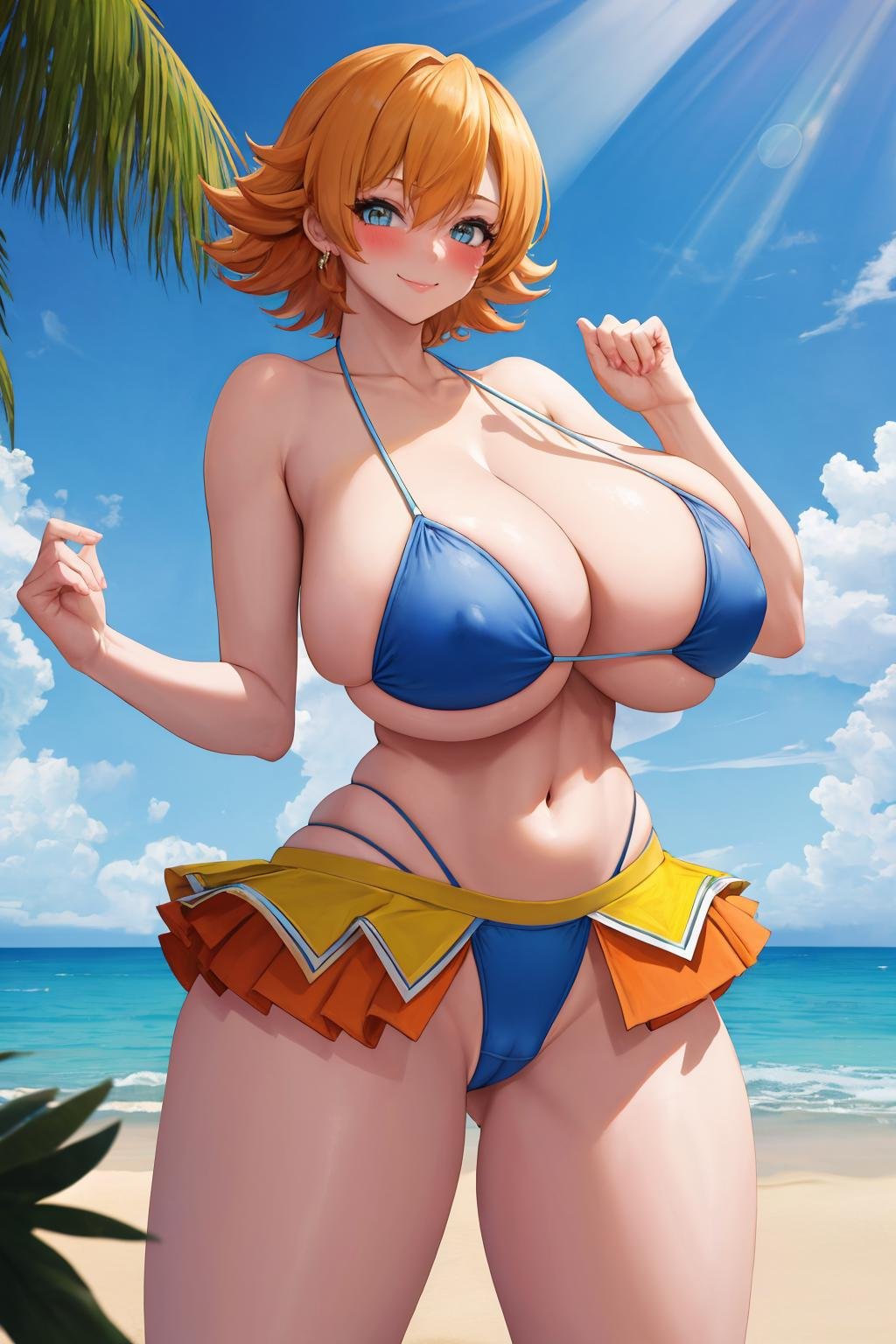 masterpiece, best quality, 1girl, solo, <lora:igawasakura-taimanin-richy-v1:1>, bikini, beach, sunbeam, ocean, huge breasts, thick thighs, wide hips, navel, midriff, showgirl skirt, cameltoe, smile, blush