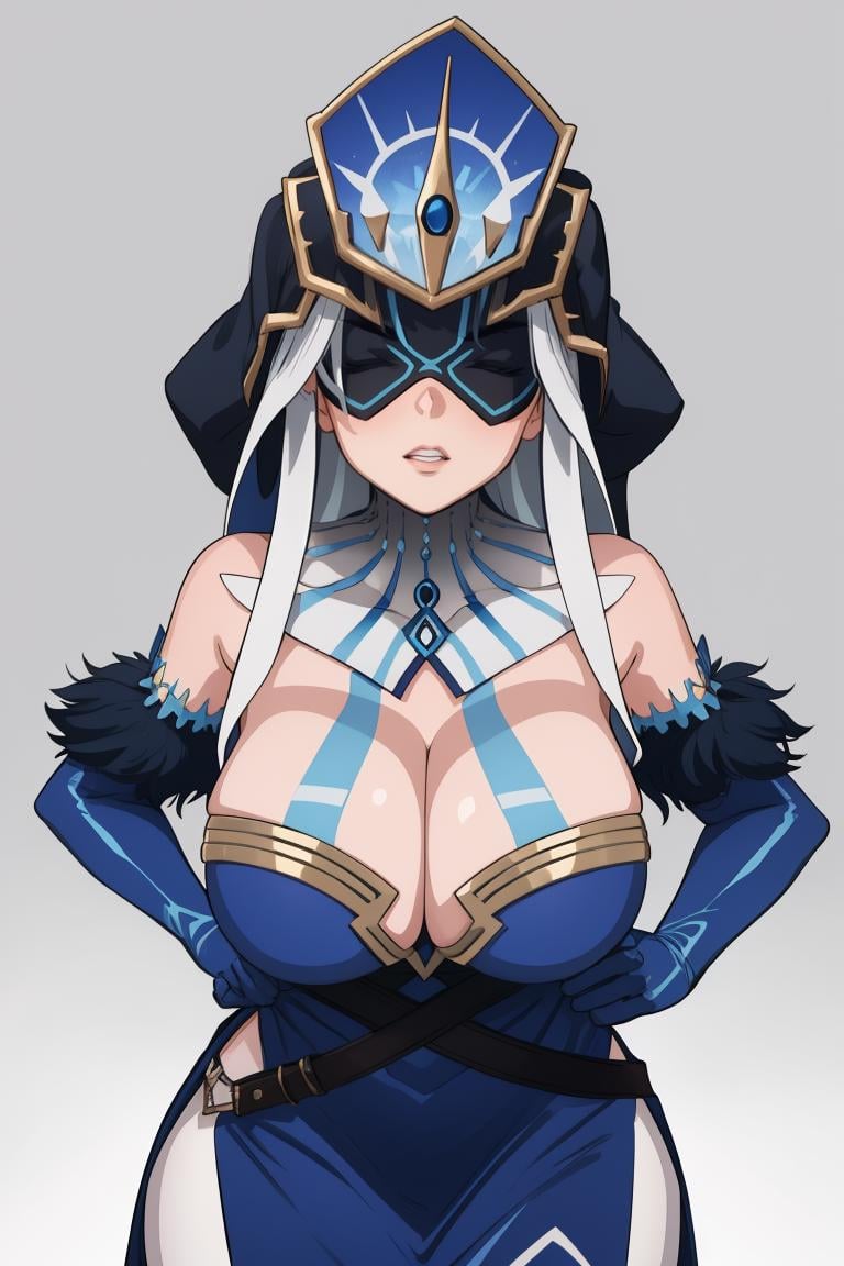 masterpiece, best quality, 1girl, solo, <lora:mirrormaiden-gi-richy-v1:1> mirrmaiden, headdress, eyemask, covered eyes, detached collar, blue dress, side slit, cleavage, blue gloves, elbow gloves, white leggings