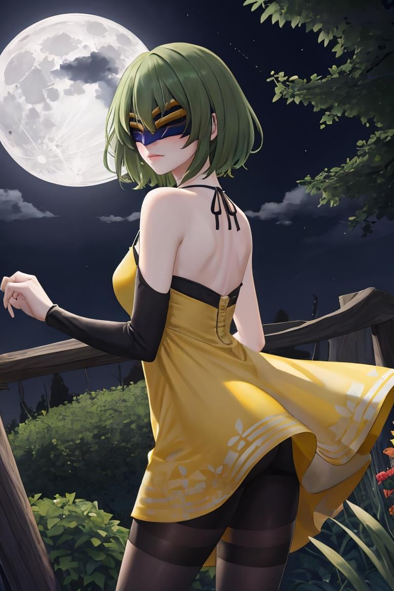 masterpiece, best quality, 1girl, solo, <lora:electrocicin-gi-richy-v1:1> electrocicin, green hair, short hair, mask, covered eyes, from behind, looking back, looking at viewer, (yellow sundress:1.2), dark, darkness, night sky, full moon, outdoors, garden, dappled moonlight, moonlight