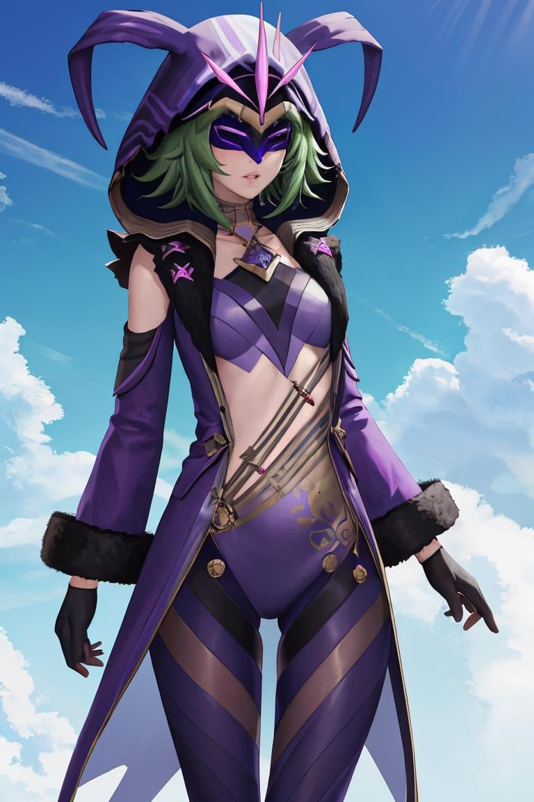 masterpiece, best quality, 1girl, solo, <lora:electrocicin-gi-richy-v1:1> electrocicin, green hair, short hair, mask, hood, hooded cloak, purple leotard, fur trim, long sleeves, gloves, parted lips, standing, diamond \(gemstone\)