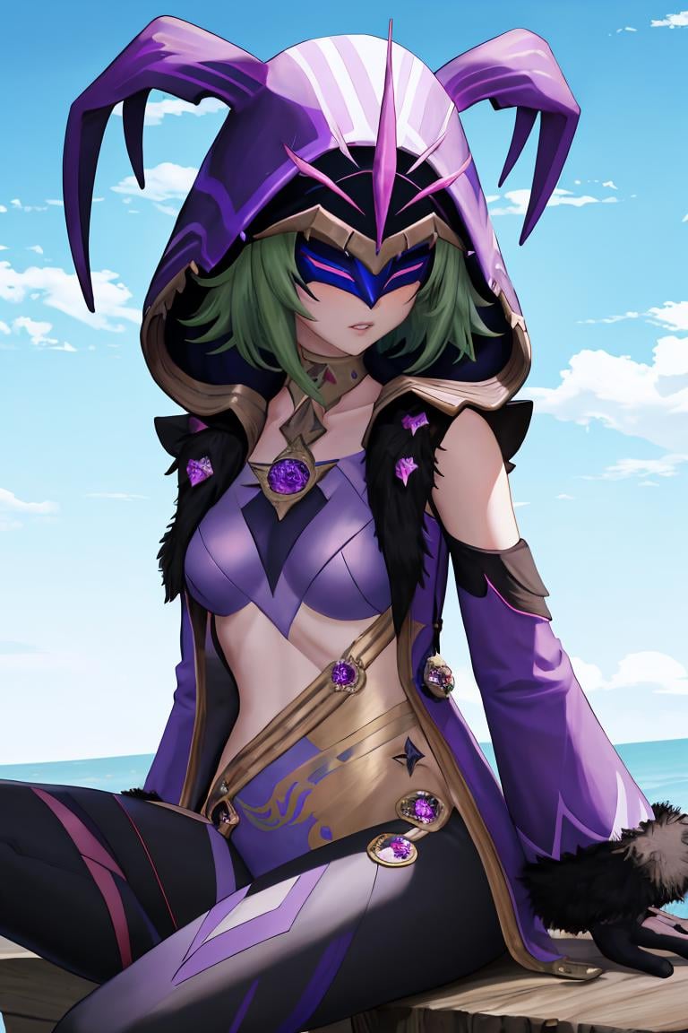 masterpiece, best quality, 1girl, solo, <lora:electrocicin-gi-richy-v1:1> electrocicin, green hair, short hair, mask, hood, hooded cloak, purple leotard, fur trim, long sleeves, gloves, parted lips, sitting, diamond \(gemstone\)