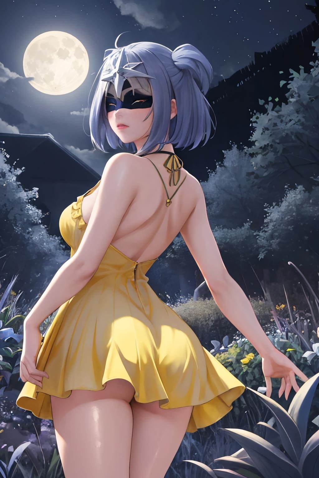 masterpiece, best quality, 1girl, solo, <lora:cryocicin-gi-richy-v1:1> cryocicin, short hair, blue hair, blue eyes, eye mask, covered eyes, looking back, (yellow sundress:1.3), from behind, garden, dark, darkness, night, night sky, full moon, dappled moonlight, moonlight