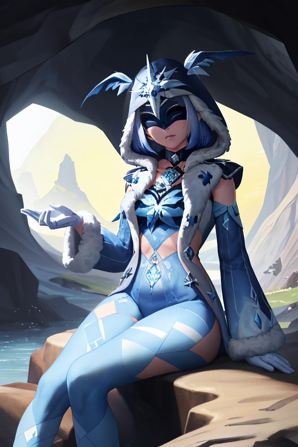 masterpiece, best quality, 1girl, solo, <lora:cryocicin-gi-richy-v1:1> cryocicin, blue hair, eye mask, covered eyes, hood, hooded cloak, blue dress, halterneck, fur trim, long sleeves, white gloves, diamond \(gemstone\), sitting, (cave, cavern, dark, darkness:1.3)