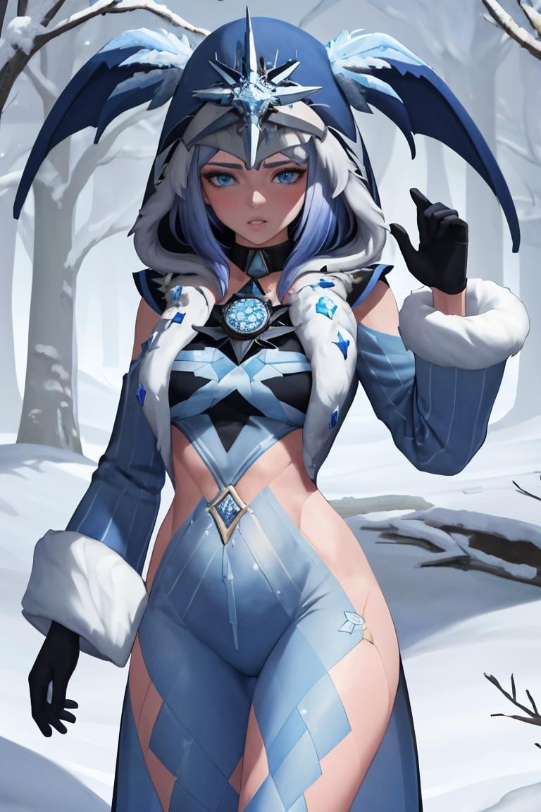 masterpiece, best quality, 1girl, solo, <lora:cryocicin-gi-richy-v1:1> cryocicin, blue hair, blue eyes, hood, hooded cloak, blue dress, fur trim, long sleeves, gloves, diamond \(gemstone\), parted lips, tundra, cold