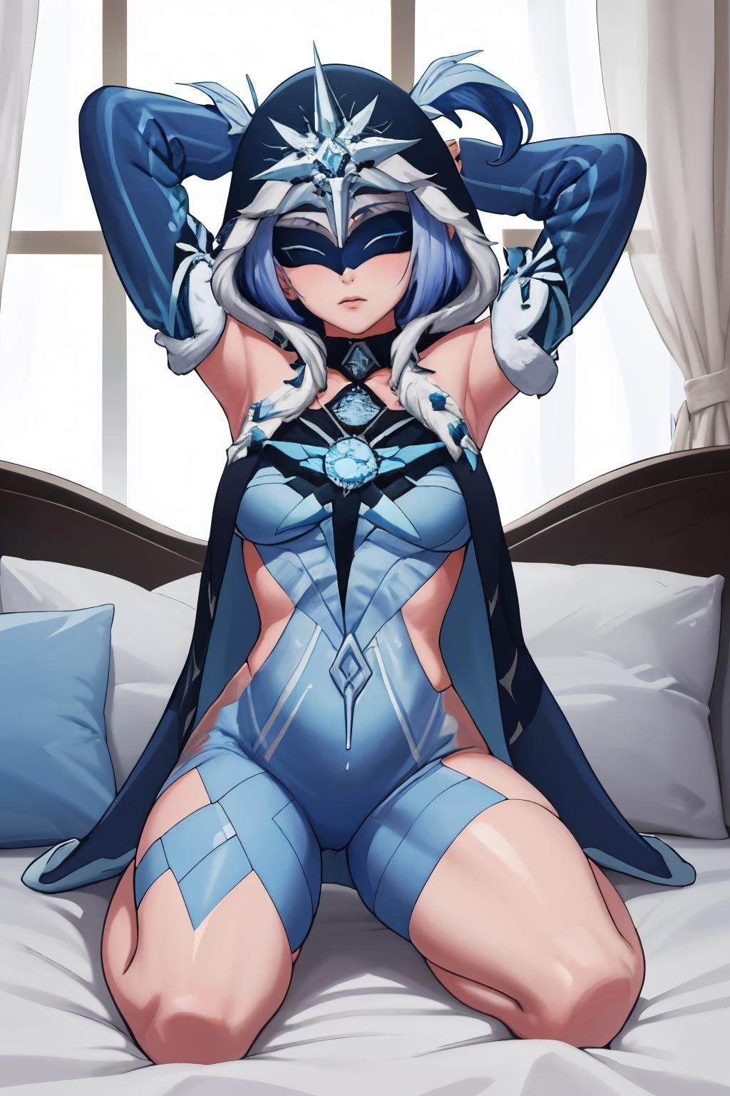 masterpiece, best quality, 1girl, solo, <lora:cryocicin-gi-richy-v1:1> cryocicin, blue hair, eye mask, covered eyes, hood, hooded cloak, blue dress, halterneck, fur trim, long sleeves, white gloves, diamond \(gemstone\), looking at viewer, seiza, sitting, arms behind head, bed, bedroom, detached sleeves, halterneck