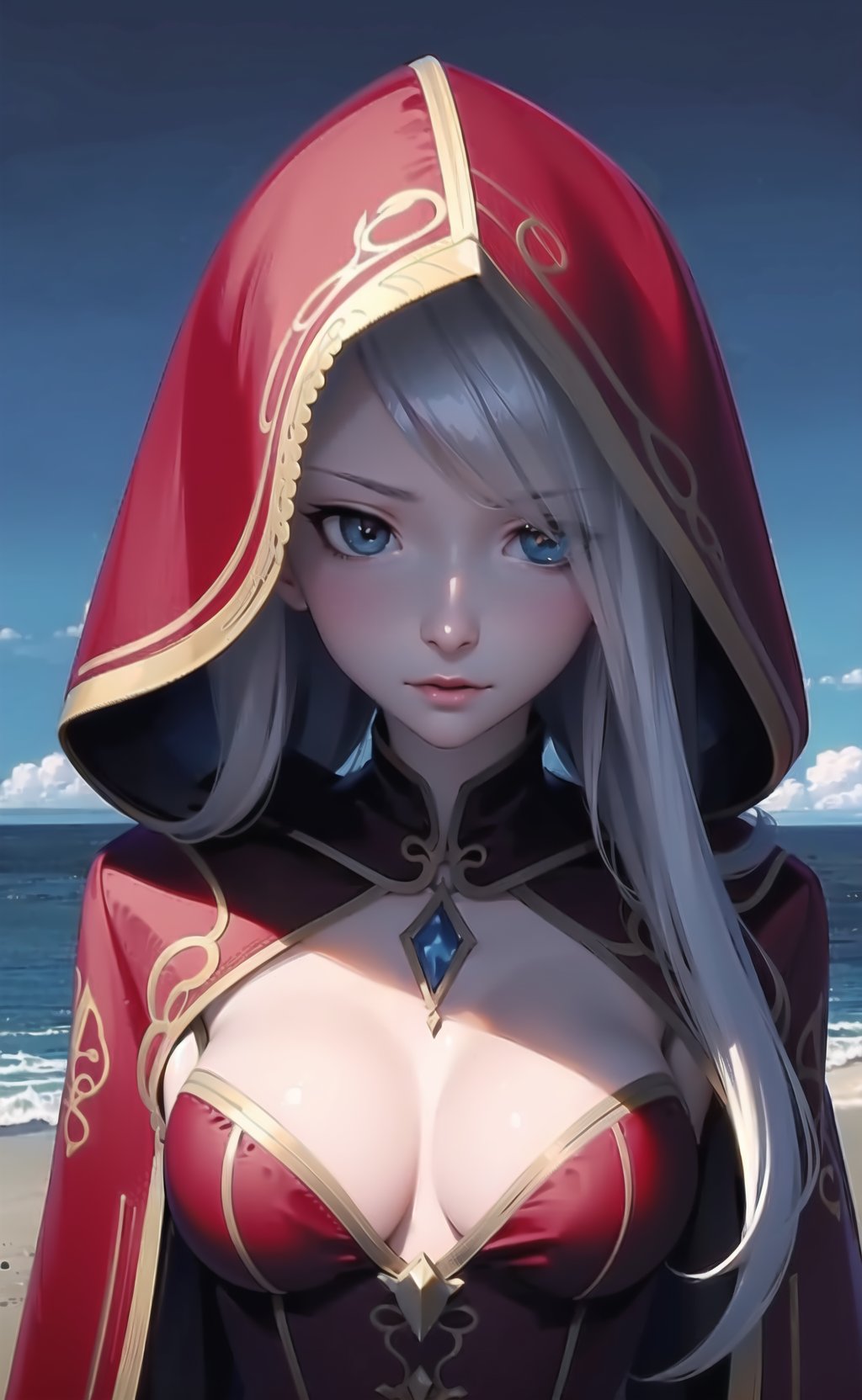 ((masterpiece)), ((best quality)), ultra detailed,((illustration)), dynamic angle, detailed light, (delicate eyes), Argenta, 1girl, solo, breasts, long hair, hood, cleavage, upper body, closed mouth, looking at viewer, water, ocean, medium breasts, cloak, cleavage cutout, blue hair, dress, night, clothing cutout, <lora:Argenta v0.1:0.7>