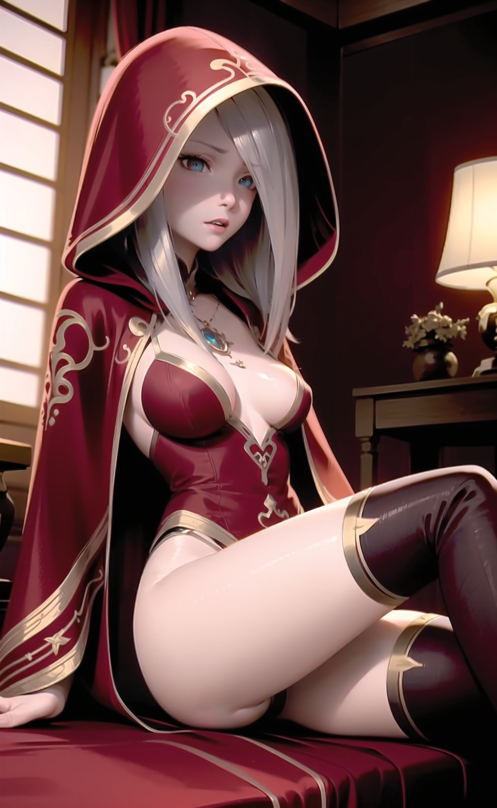 ((masterpiece)), ((best quality)), ultra detailed,((illustration)), dynamic angle, detailed light, (delicate eyes),Argenta, 1girl, breasts, thighhighs, hood, long hair, solo, sitting, cleavage, medium breasts, jewelry, necklace, blurry, underwear, weapon, <lora:Argenta v0.1-000006:0.7>