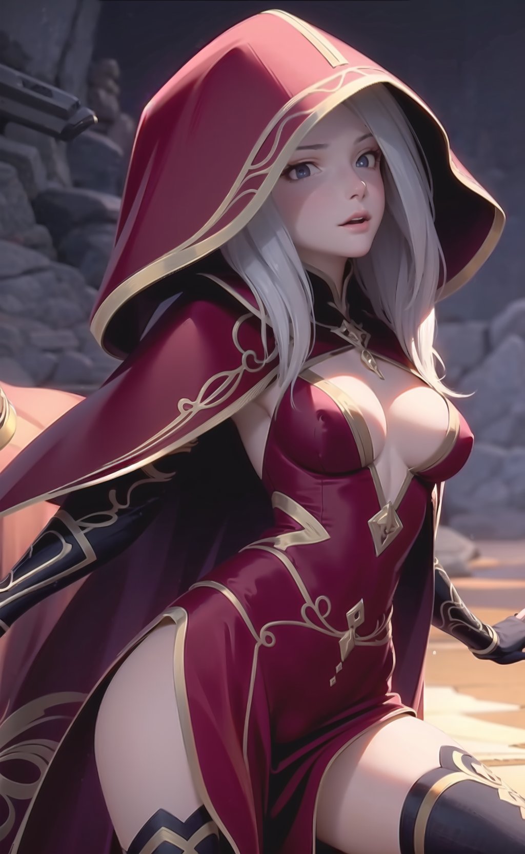 ((masterpiece)), ultra detailed, dynamic angle, detailed light, (delicate eyes), Argenta, 1girl, solo, hood, long hair, breasts, thighhighs, cleavage, dress, medium breasts, cloak, ((illustration)), ((best quality)), <lora:Argenta v0.1-000006:0.7>