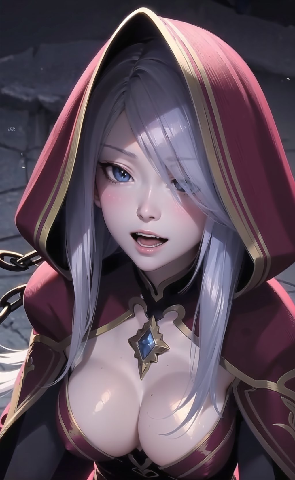 ((masterpiece)), ((best quality)), ultra detailed,((illustration)), dynamic angle, detailed light, (delicate eyes), Argenta, 1girl, blue eyes, hood, smile, long hair, chain, hair over one eye, cleavage, white hair, breasts, open mouth, animal, solo, teeth, <lora:Argenta v0.1:0.7>