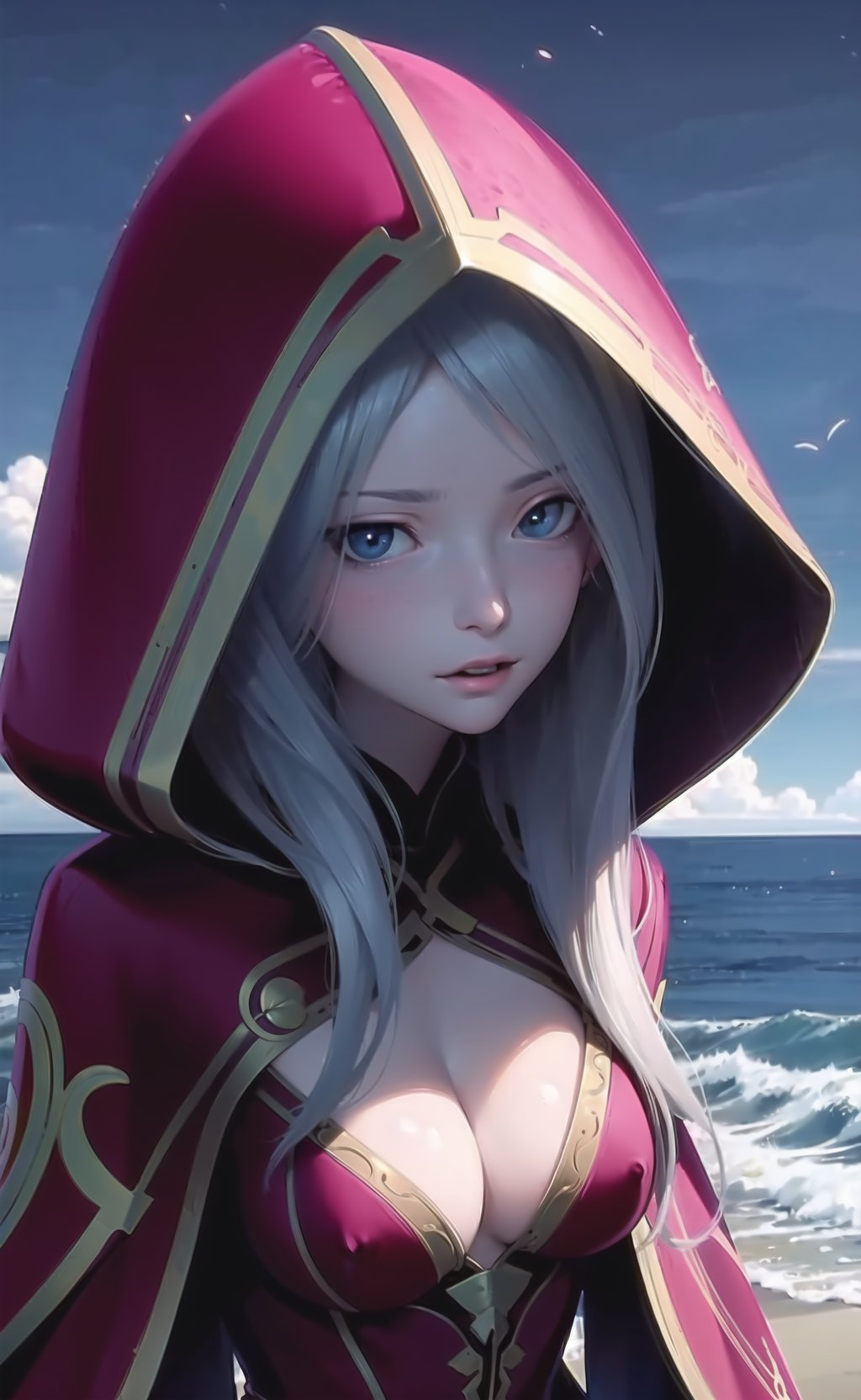 ((masterpiece)), ((best quality)), ultra detailed,((illustration)), dynamic angle, detailed light, (delicate eyes), Argenta, 1girl, solo, breasts, long hair, hood, cleavage, upper body, closed mouth, looking at viewer, water, ocean, medium breasts, cloak, cleavage cutout, blue hair, dress, night, clothing cutout, <lora:Argenta v0.1:0.7>