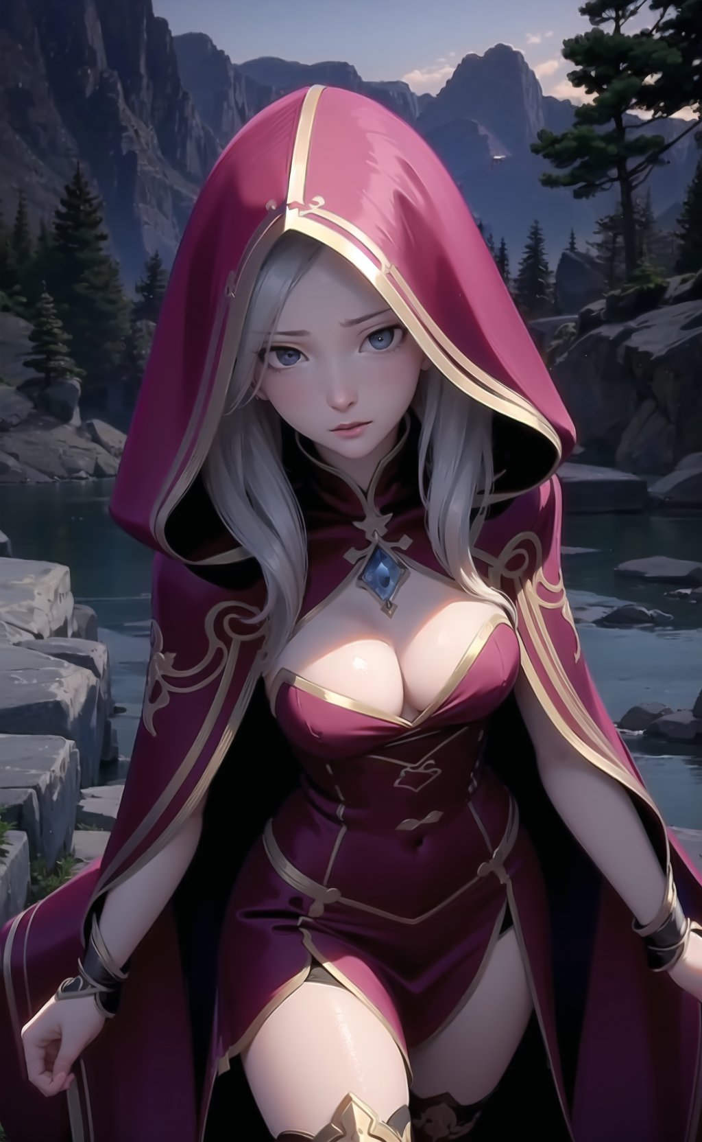 ((masterpiece)), ultra detailed, dynamic angle, detailed light, (delicate eyes), Argenta, 1girl, solo, hood, long hair, breasts, thighhighs, cleavage, dress, medium breasts, cloak, ((illustration)), ((best quality)), <lora:Argenta v0.1-000006:0.7>