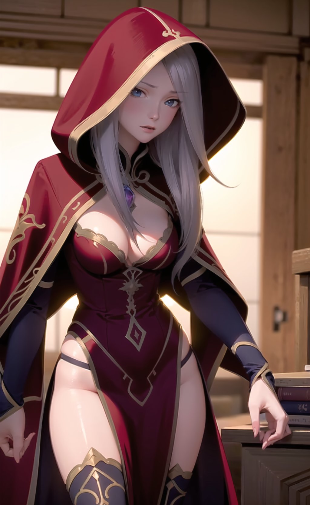 ((masterpiece)), ultra detailed, dynamic angle, detailed light, (delicate eyes), Argenta, 1girl, solo, hood, long hair, breasts, thighhighs, cleavage, dress, medium breasts, cloak, ((illustration)), ((best quality)), <lora:Argenta v0.1-000006:0.7>