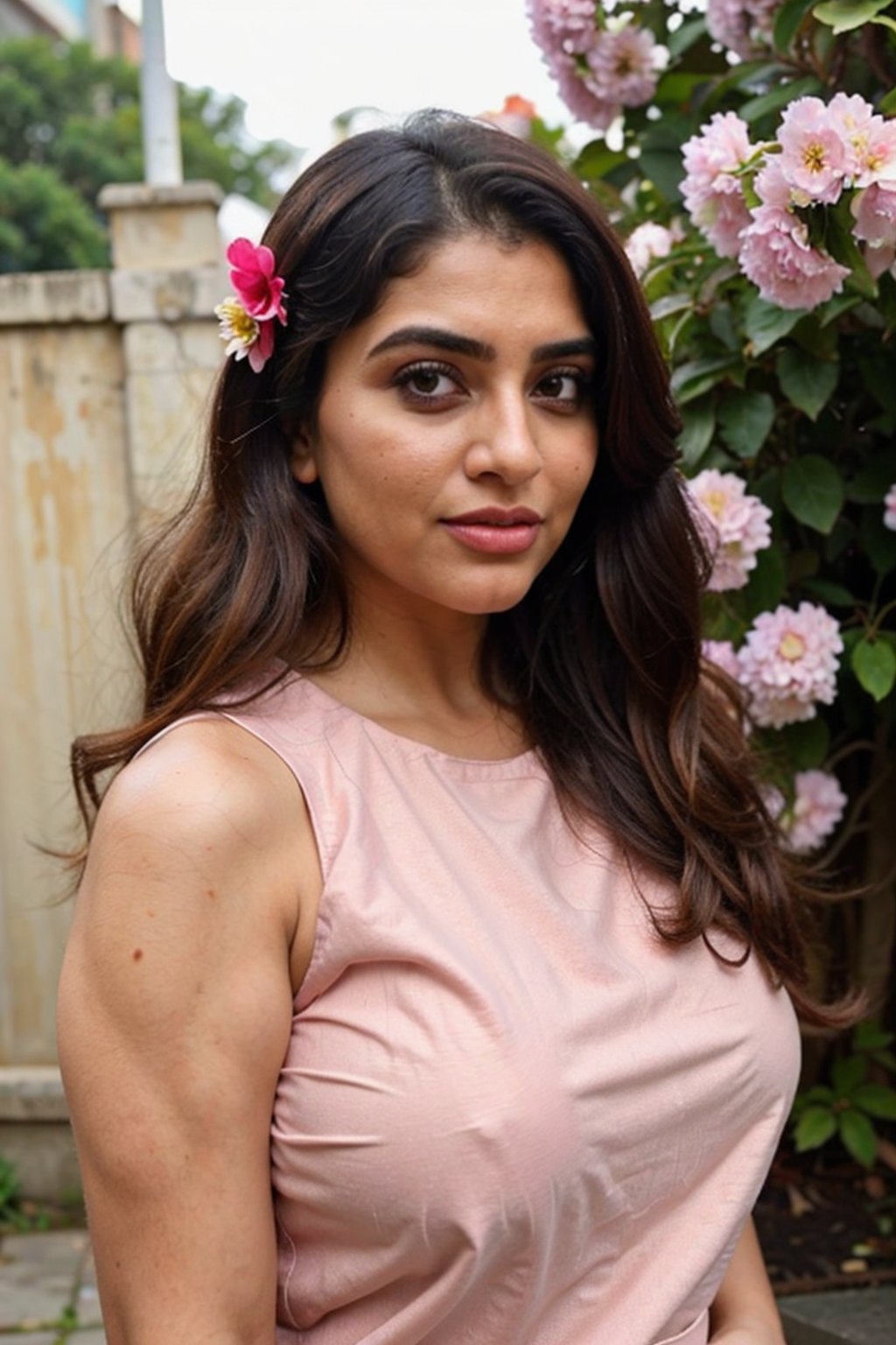 Beautiful ,23 years young girl,confident looking,8k,realistic,dark brown hair,fair skin, indian,long hair,clear facial features, wearing beautiful sleeveless dress and flowers 🌷🌹and hairs on face make it seductive effect