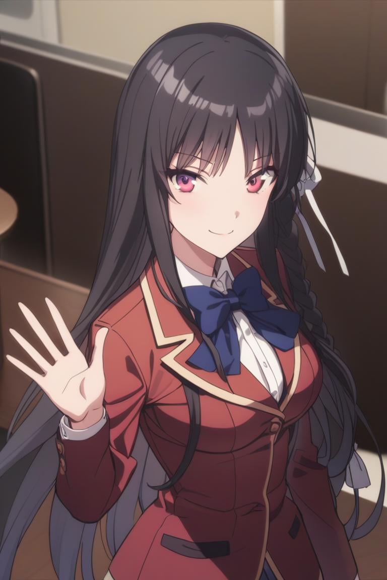 masterpiece, best quality, , cute,1girl, solo, female, horikita suzune, red eyes, purple eyes,  long hair, black hair, hair ribbon, side braid, anime screencap,school uniform, bow tie, red jacket, upper body, saying, hi, waving hand,,, light smile,  ,cowboy shot, looking at viewer, colorful, vivid, best quality, absurdres, best aesthetic <lora:Horikita_Suzune_XL-000009:1>