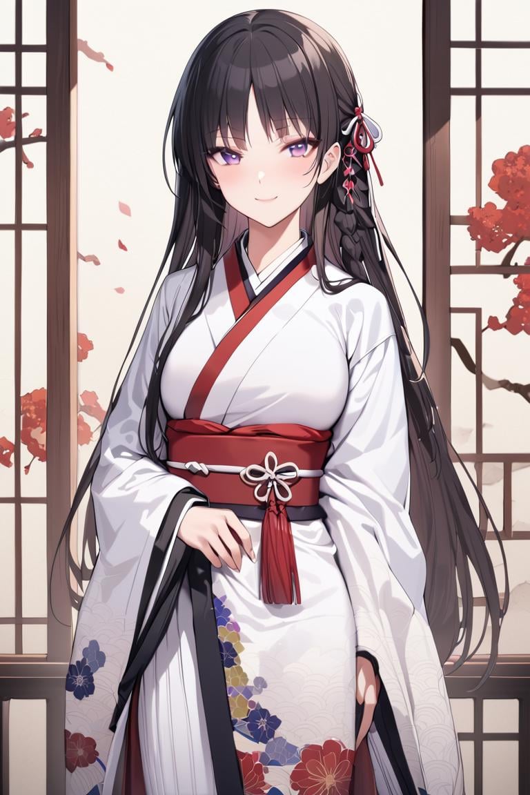 masterpiece, best quality, , cute,1girl, solo, female, horikita suzune, red eyes, purple eyes,  long hair, black hair, hair ribbon, side braid, kimono, floral scroll, japanese clothes, japanese background, light smile,  ,cowboy shot, looking at viewer, colorful, vivid, best quality, absurdres, best aesthetic <lora:Horikita_Suzune_XL-000009:1>