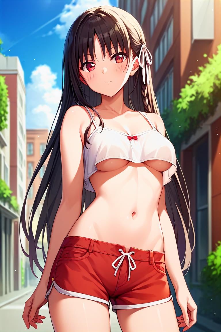 score_9, score_8_up, score_7_up, score_6_up, score_5_up, score_4_up, rating_questionable, , source_anime, digital illustration, pixiv, fanbox, uncensored, , BREAK, official art,1girl, solo, female, horikita suzune, black hair, long hair, red eyes, hair ribbon,croptop, loose camisole, underboob, navel, shorts, groin, street, buildings, , outdoors, , blush, looking at viewer, cowboy shot, colorful, vivid,<lora:Horikira_pony:0.8> 