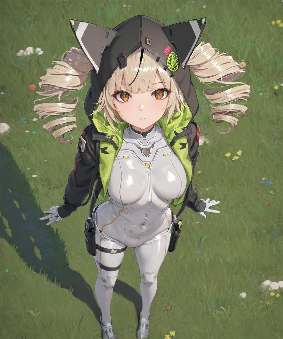 masterpiece, best quality, <lora:Shiro768V10:0.7>, 1girl, shirotof, blonde hair, drill hair, twintails, brown eyes, bangs, black hooded jacket, hood up, animal hood, cat hood, hair through headwear, white pilot suit, body suit, skin tight, from above, grass, standing, :<