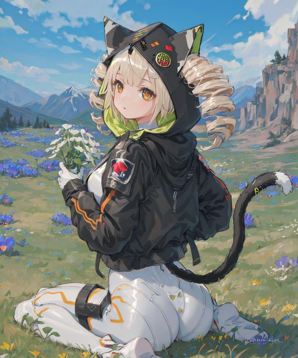 masterpiece, best quality, <lora:Shiro768V10:0.7>, 1girl, shirotof, blonde hair, drill hair, twintails, brown eyes, bangs, black hooded jacket, hood up, animal hood, cat hood, hair through headwear, white pilot suit, body suit, skin tight, grass, ((wariza)), (flower field), looking up, from back, sky, clouds, mountains, cat tail, tail