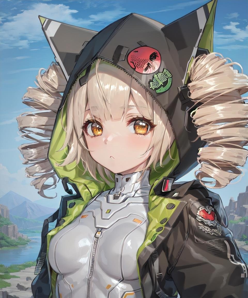 masterpiece, best quality, <lora:Shiro768V10:0.7>, 1girl, shirotof, blonde hair, drill hair, twintails, brown eyes, bangs, black hooded jacket, hood up, animal hood, cat hood, hair through headwear, white pilot suit, body suit, skin tight, portrait, looking at viewer, :<, mountains, sky, clouds