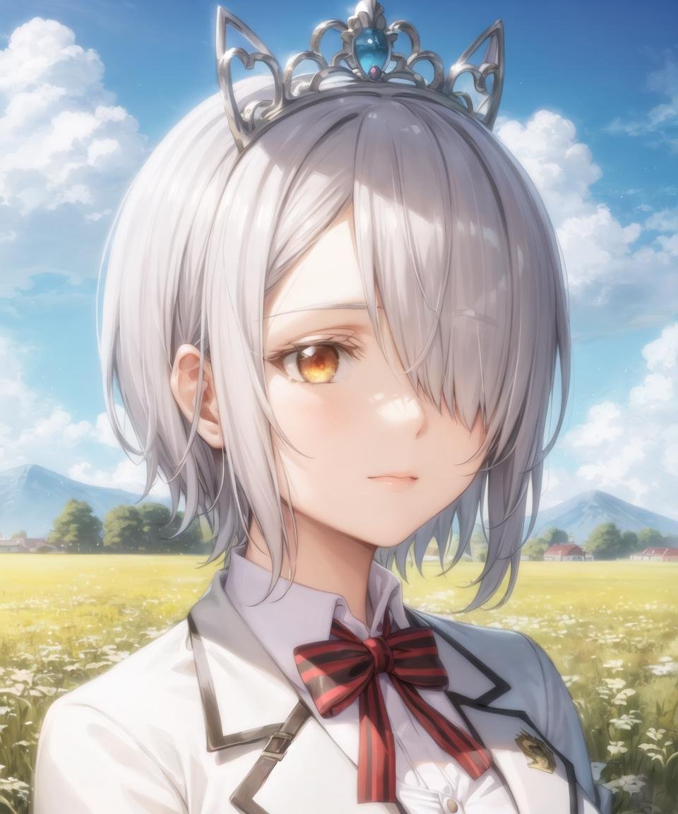 masterpiece, best quality, <lora:CharWestia768V3:0.7>, 1girl, charwestia, short hair, white hair, hair over one eye, white school uniform, collared jacket, collared shirt, red bowtie, yellow eyes, portrait, sky, cloud, field, grass, tiara