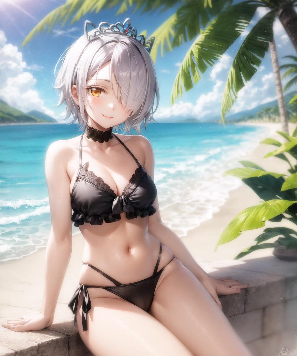 masterpiece, best quality, <lora:CharWestia768V3:0.7>, 1girl, charwestia, short hair, white hair, hair over one eye, tiara, yellow eyes, swimsuit, black bikini, beach, palm tree, palm leaf, smile, looking at viewer