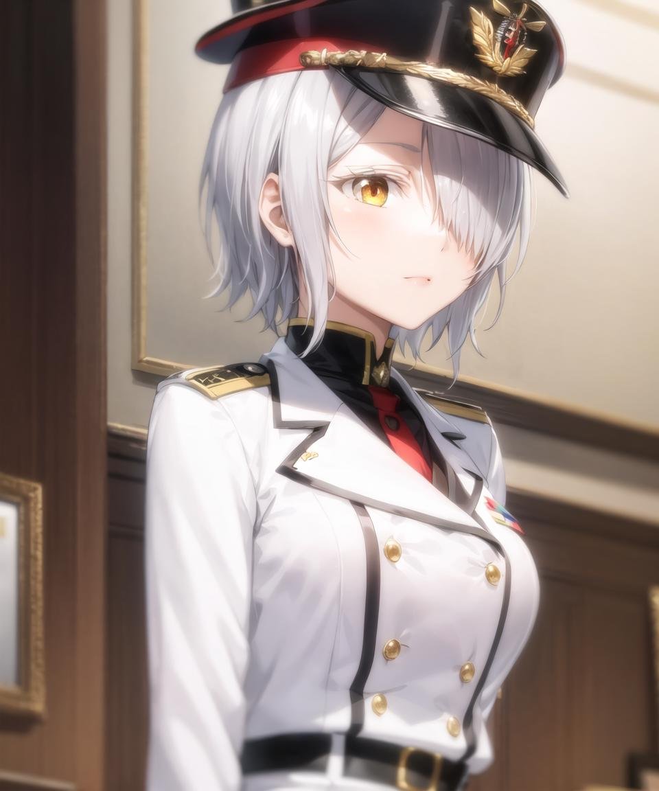 masterpiece, best quality, <lora:CharWestia768V3:0.7>, 1girl, charwestia, short hair, white hair, hair over one eye, yellow eyes, peaked cap, military hat, military uniform, military jacket