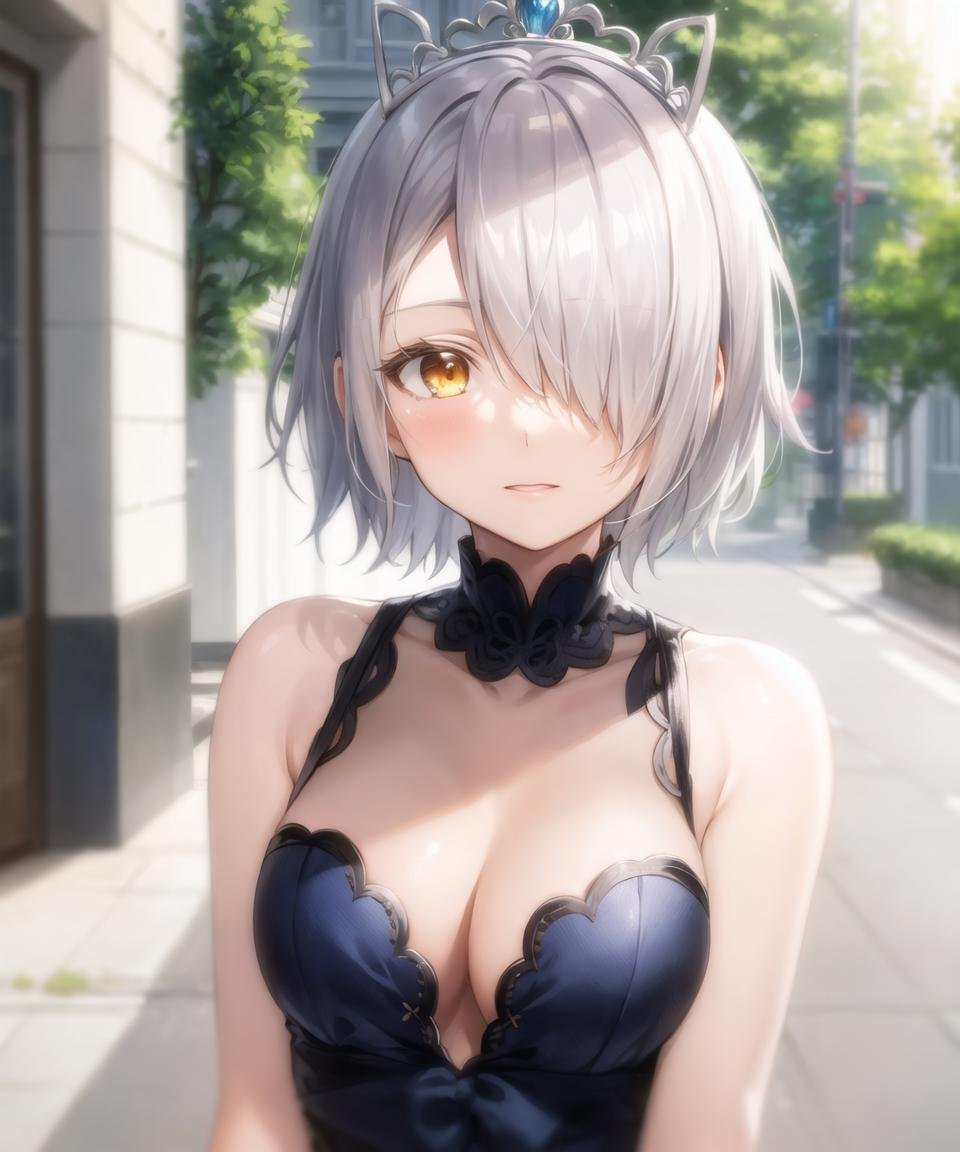 masterpiece, best quality, <lora:CharWestia768V3:0.7>, 1girl, charwestia, short hair, white hair, hair over one eye, yellow eyes, upper body, tiara, blue dress, sleeveless dress, street