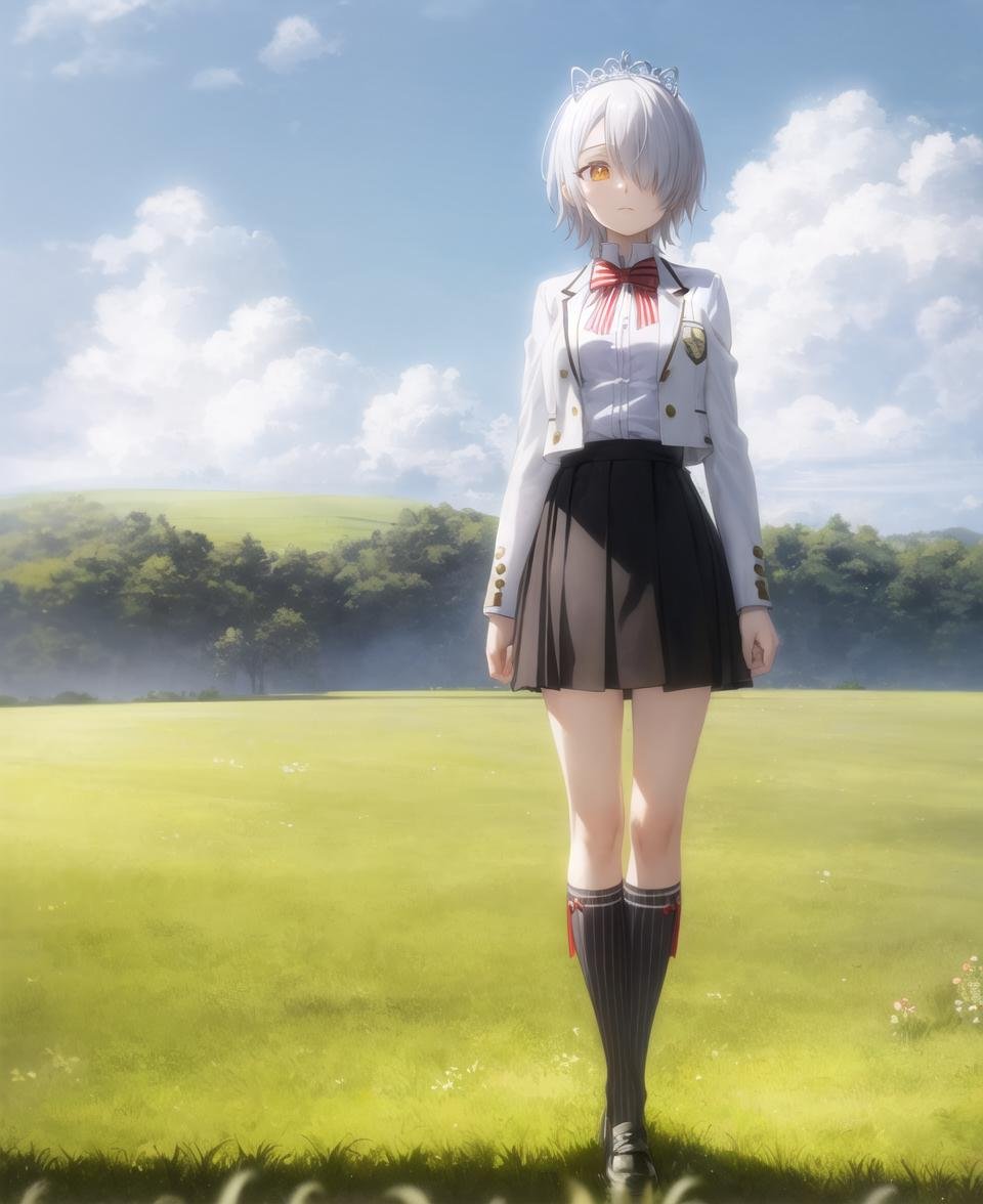 masterpiece, best quality, <lora:CharWestia768V3:0.7>, 1girl, charwestia, short hair, white hair, hair over one eye, white school uniform, collared jacket, collared shirt, red bowtie, yellow eyes, portrait, sky, cloud, field, grass, tiara, full body, black kneehighs, standing, striped socks, vertical stripes