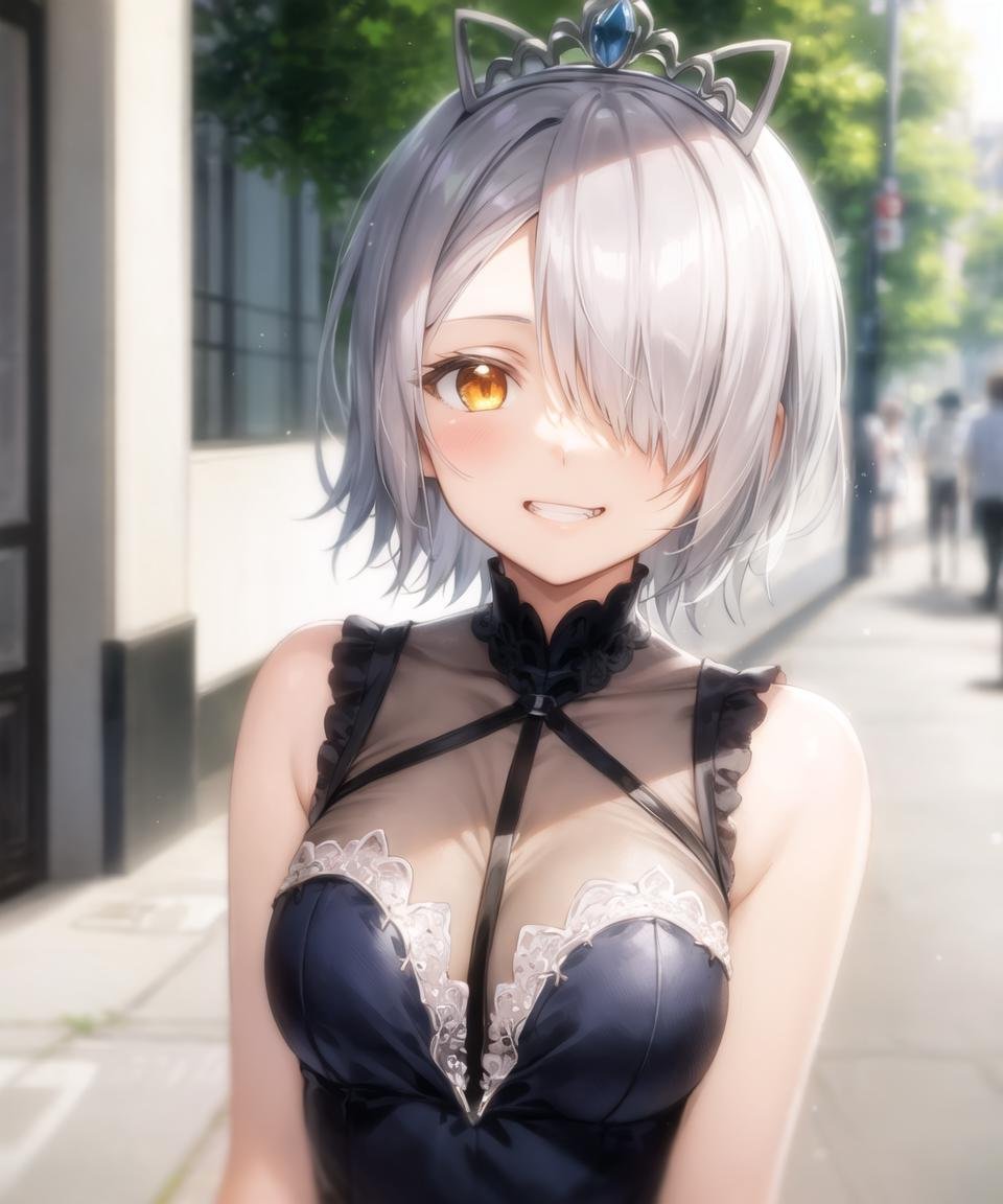 masterpiece, best quality, <lora:CharWestia768V3:0.7>, 1girl, charwestia, short hair, white hair, hair over one eye, yellow eyes, upper body, tiara, blue dress, sleeveless dress, street, grin