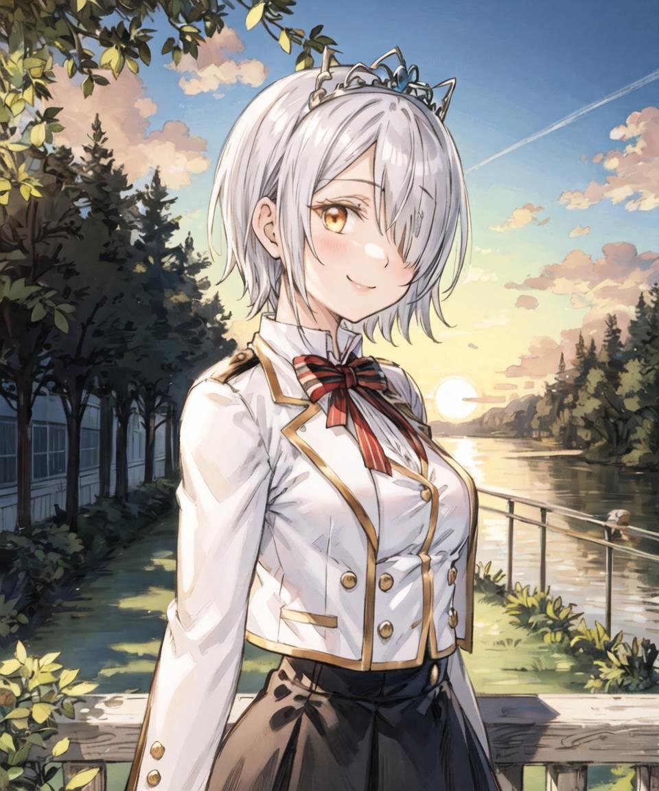 masterpiece, best quality, <lora:CharWestia768V3:0.7>, 1girl, charwestia, short hair, white hair, hair over one eye, yellow eyes, tiara, white school uniform, collared jacket, collared shirt, red bowtie, black skirt, upper body, sky, cloud, sunset, sun, tree, from side, looking at viewer, fence, ocean, smile, landscape, open jacket