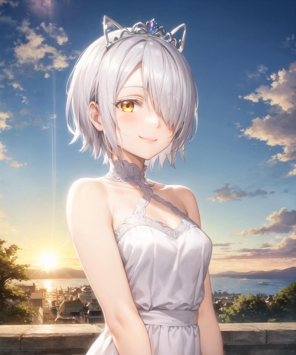 masterpiece, best quality, <lora:CharWestia768V3:0.8>, 1girl, charwestia, short hair, white hair, hair over one eye, tiara, yellow eyes, upper body, sunset, sun, clouds, sky, white dress, smile, sun light