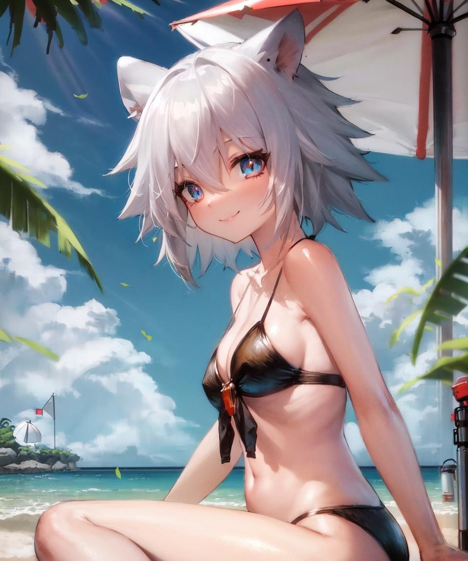 masterpiece, best quality, <lora:ClickV5:0.7>, click \(arknights\), 1girl, solo, mouse girl, mouse ears, animal ears, short hair, grey hair, hair between eyes, blue eyes, bikini, beach, smile, leaves, from side, sitting, close-up, red parasol, shadow