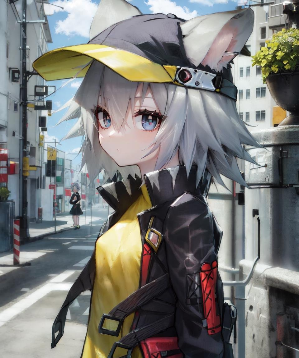 masterpiece, best quality, <lora:ClickV5:0.7>, 1girl, click (arknights), animal ears, mouse ears, mouse girl, short hair, hair between eyes, grey hair, blue eyes, small breasts, black baseball cap, ears through headwear, yellow shirt, black jacket, black skirt, open jacket, street, portrait, from side, looking at viewer, upper body, close-up 