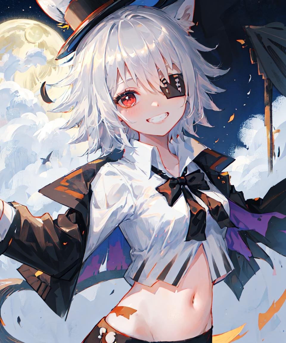 masterpiece, best quality, <lora:ClickV5:0.7>, click \(arknights\), 1girl, solo, hair between eyes, mouse girl, short hair, grey hair, red eyes, animal ears, looking at viewer, eyepatch, navel, white shirt, black bow, crop top, black bowtie, official alternate costume, black jacket on shoulders, black top hat, from side, night, sky, moon, looking at viewer, grin, from side, portrait, close up