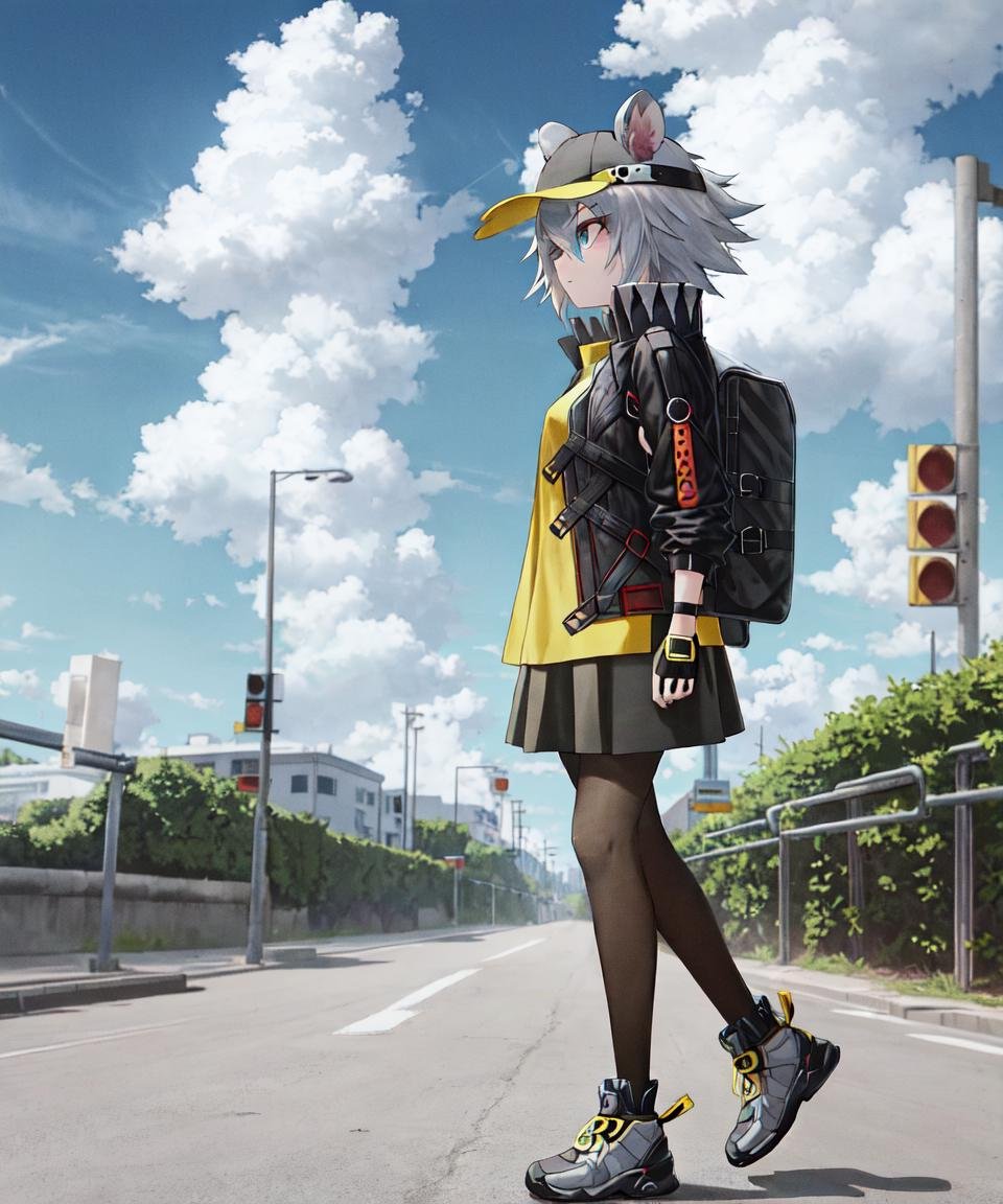 masterpiece, best quality, <lora:ClickV5:0.7>, click \(arknights\), 1girl, solo, mouse girl, mouse ears, animal ears, short hair, grey hair, hair between eyes, blue eyes, black baseball cap, ears through headwear, yellow shirt, black jacket, black skirt, open jacket, grey pantyhose, black fingerless gloves, from side, looking away, walking, full body, street, clouds, sky