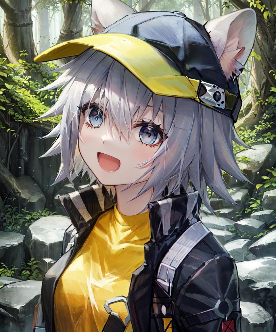 masterpiece, best quality, <lora:ClickV5:0.7>, click \(arknights\), 1girl, solo, mouse girl, short hair, grey hair, hair between eyes, blue eyes, black baseball cap, yellow shirt, black jacket, black skirt, animal ears, open jacket, :d, looking at viewer, portrait, close-up, face, forest