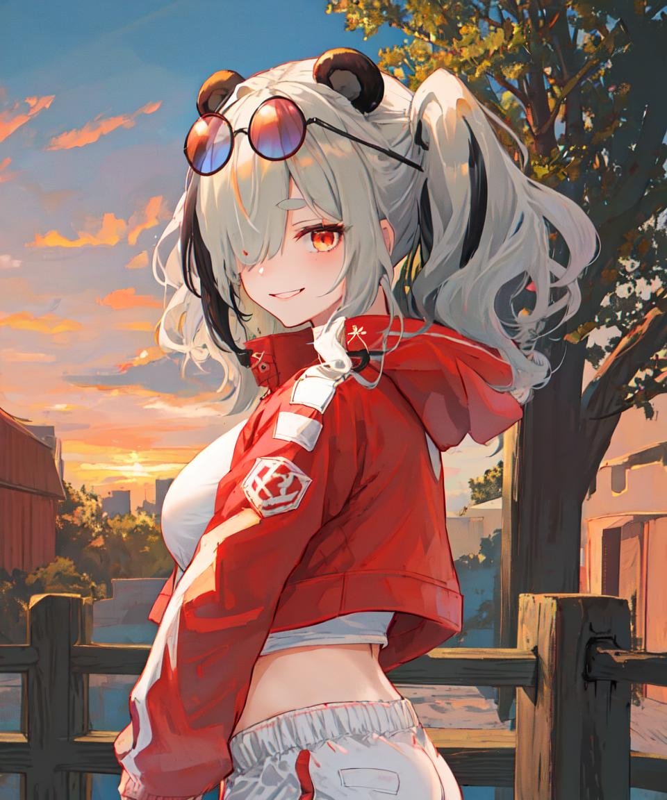 masterpiece, best quality, <lora:FeaterNaiV4:0.7>, 1girl, solo, feater \(arknights\), panda ears, eyebrows, orange eyes, grey hair, hair over one eye, long hair, multicolored hair, black streaked hair, twintails, large breasts, official alternate costume, white shirt, eyewear on head, crop top, cropped shirt, ((red jacket)), cropped jacket, open jacket, long sleeves, white pants, navel, sunset, sky, tree, clouds, looking at viewer, extremely detailed, portrait, smile, from side, stone fence