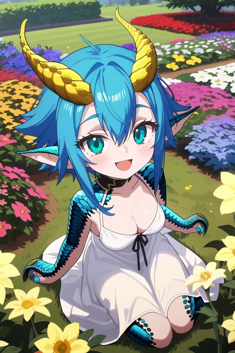 masterpiece, best quality, <lora:SkadiDrag640V7:0.7>, 1girl, dragon girl, skadidrag, blue hair, short hair with long locks, hair between eyes, yellow dragon horns, pointy ears, (blue scales:1.3), aqua eyes, white dress, sundress, cleavage, wariza, from above, flower field, flowers, garden, smile, open mouth, :d, looking at viewer