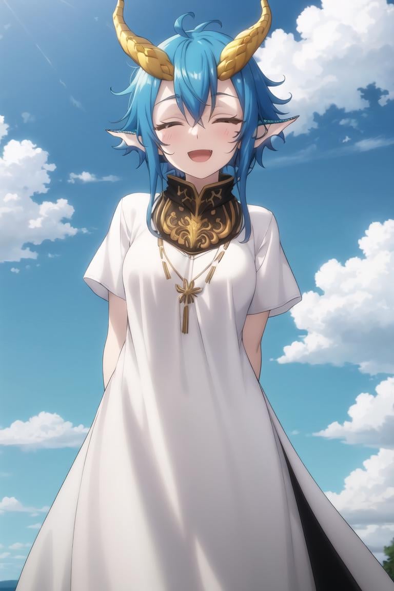 masterpiece, best quality, <lora:SkadiDrag640V7:0.7>, 1girl, skadidrag, blue hair, short hair with long locks, hair between eyes, pointy ears, yellow dragon horns, closed eyes, :d, collar, necklace, white dress, long dress, short sleeves, smile, arms behind back, sky, clouds