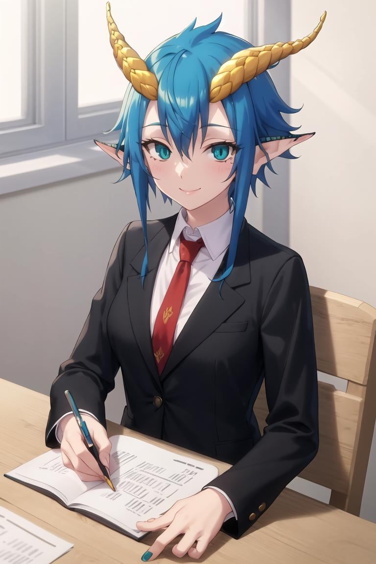 masterpiece, best quality, <lora:SkadiDrag640V7:0.7>, 1girl, skadidrag, blue hair, short hair with long locks, hair between eyes, yellow dragon horns, pointy ears, aqua eyes, slit pupils, business suit, red necktie, collared shirt, black jacket, sitting, table, office, indoors, smile, looking at viewer, upper body