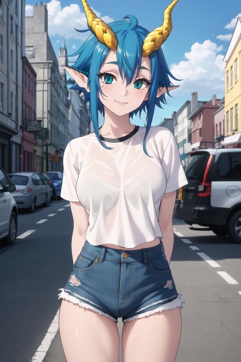 masterpiece, best quality, <lora:SkadiDrag640V7:0.7>, 1girl, skadidrag, blue hair, short hair with long locks, hair between eyes, yellow dragon horns, pointy ears, aqua eyes, white shirt, denim shorts, arms behind back, head tilt, smile, looking at viewer, street sky, clouds