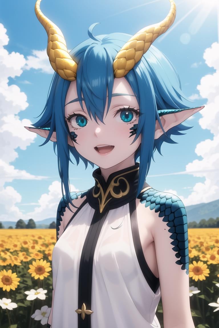 masterpiece, best quality, <lora:SkadiDrag640V7:0.7>, 1girl, skadidrag, blue hair, short hair with long locks, hair between eyes, yellow dragon horns, pointy ears, blue scales, aqua eyes, white shirt, sleeveless, black collar, smile, open mouth, upper body, looking at viewer, field, sky, clouds, sunlight, perfect lighting