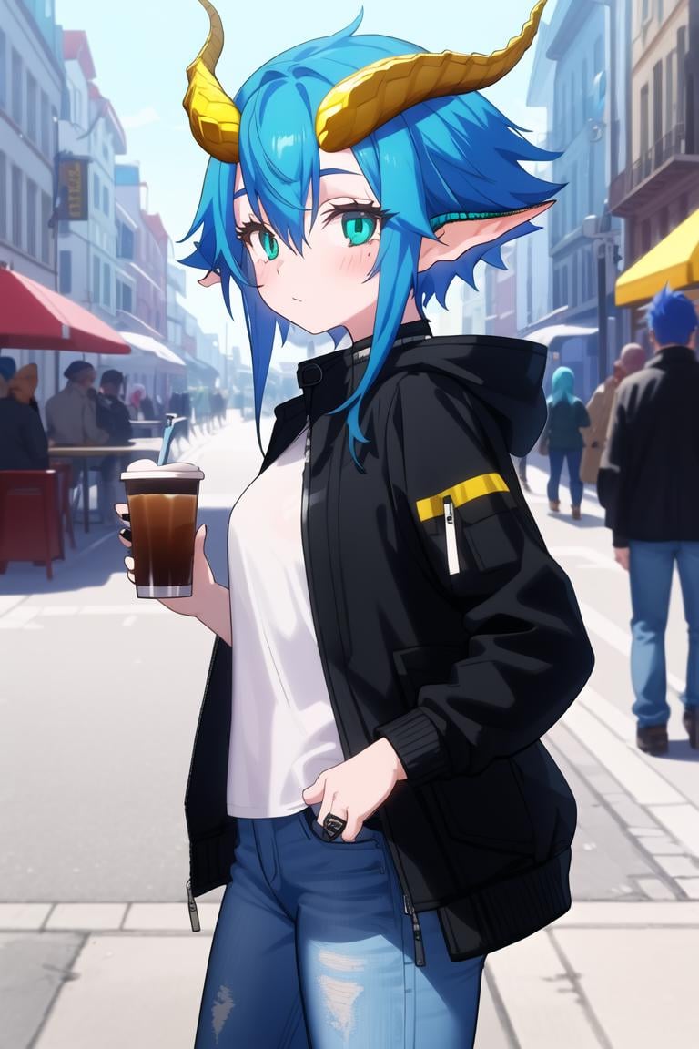 masterpiece, best quality, <lora:SkadiDrag640V7:0.7>, skadidrag, 1girl, blue hair, short hair with long locks, hair between eyes, yellow dragon horns, pointy ears, aqua eyes, holding cup, black jacket, open jacket, white shirt, from side, denim pants, looking at viewer, cowboy short, street