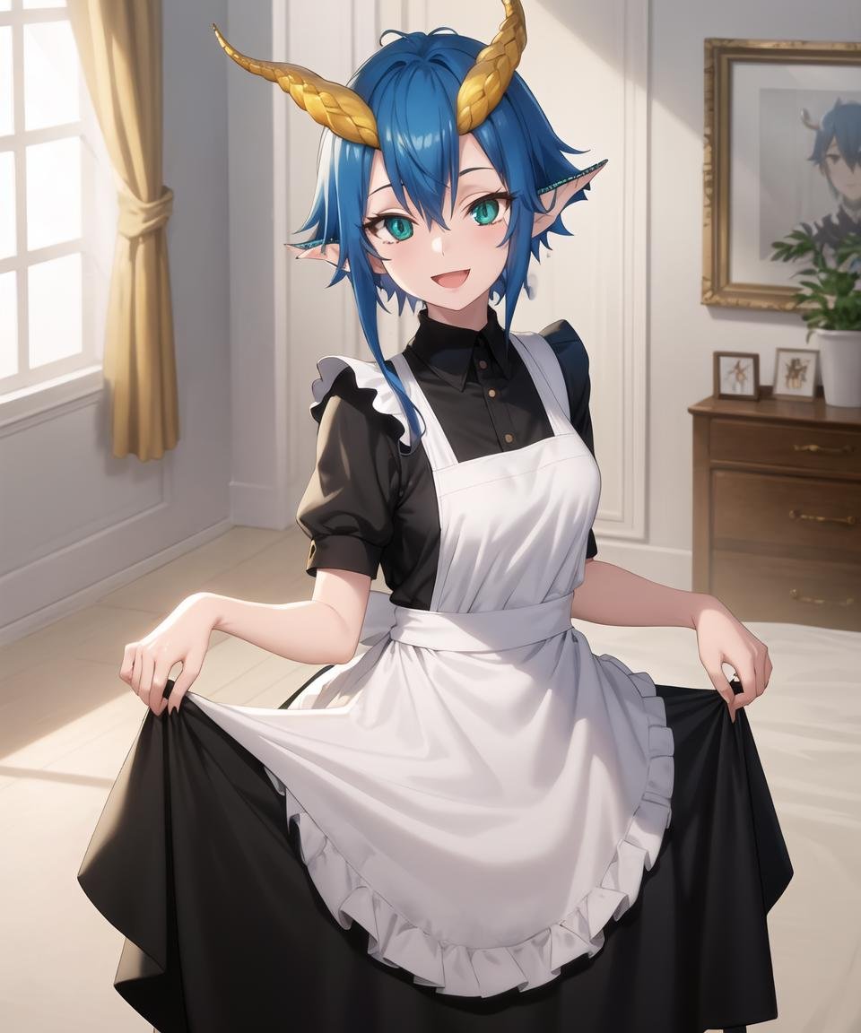 masterpiece, best quality, <lora:SkadiDrag640V7:0.7>, 1girl, skadidrag, blue hair, short hair with long locks, hair between eyes, yellow dragon horns, pointy ears, aqua eyes, slit pupils, smile, :d, maid dress, maid, apron, short sleeves, cowboy shot, looking at viewer, indoors