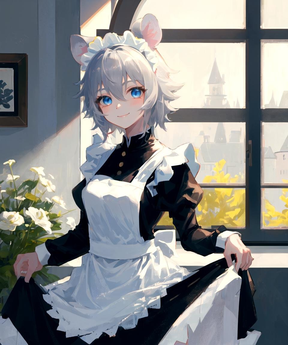 masterpiece, best quality, <lora:Click768V16:0.7>, clicklora, 1girl, solo, mouse ears, animal ears, short hair, grey hair, hair between eyes, blue eyes, maid, maid headdress, maid apron, smile, upper body, indoors, window, perfect lighting, skirt hold