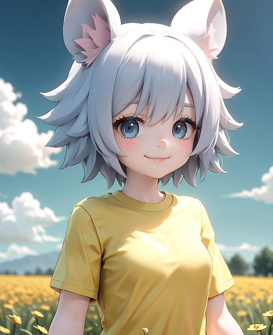 masterpiece, best quality, <lora:Click768V16:0.7>, 1girl, clicklora, mouse ears, grey hair, short hair, blue eyes, yellow shirt, short sleeves, smile, upper body, sky, field