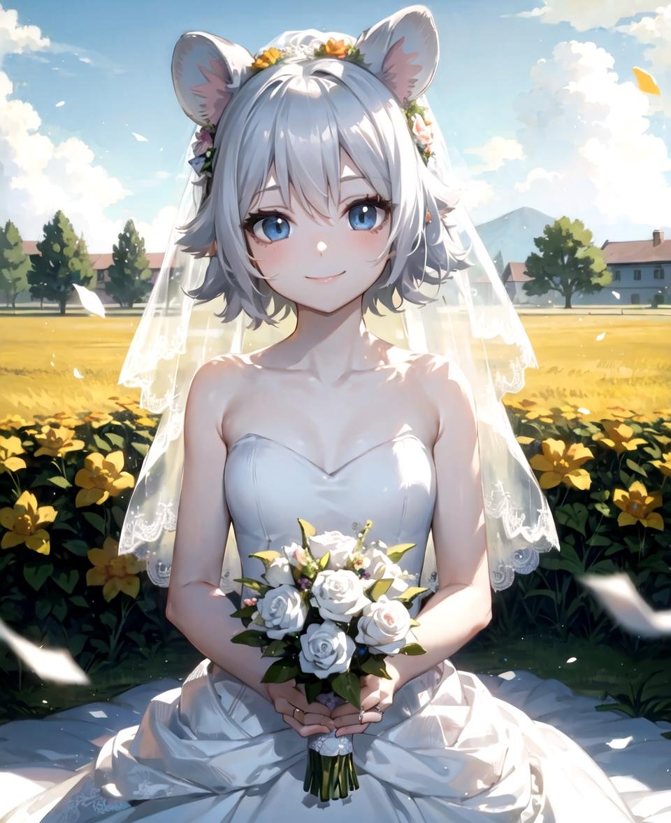 masterpiece, best quality, <lora:Click768V16:0.7>, 1girl, clicklora, mouse ears, grey hair, short hair, blue eyes, wedding dress, bridal veil, smile, upper body, looking at viewer, sky, field, flowers