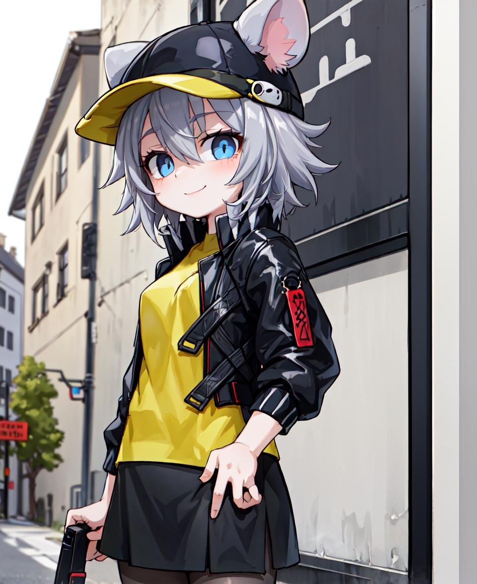 masterpiece, best quality, <lora:Click768V16:0.7>, 1girl, clicklora, mouse ears, grey hair, short hair, hair between eyes, blue eyes, black baseball cap, yellow shirt, black jacket, open jacket, black skirt, grey pantyhose, looking at viewer, smile, cowboy short, street